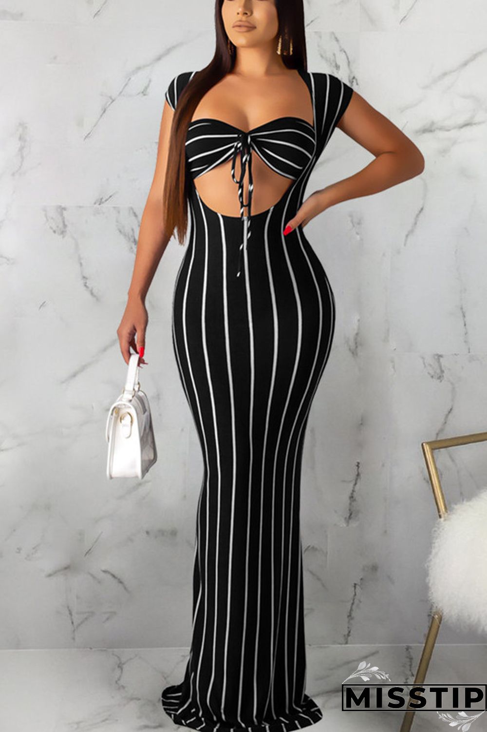 Navy Blue Sexy Fashion Solid Slim fit Striped Regular Sleeveless Two-Piece Dress