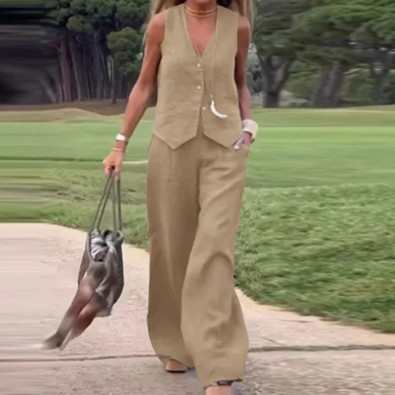 💕 Set de două piese din bumbac și in pentru femei, care include bluză colorată cu nasturi și pantaloni largi