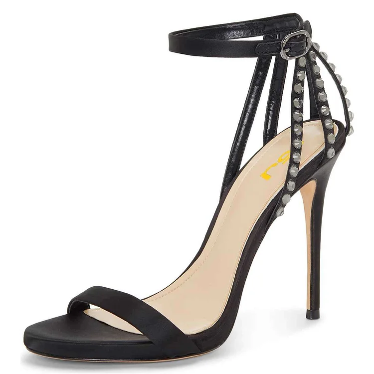 Black Open Toe Rhinestone Ankle Strap Stiletto Heels Sandals |FSJ Shoes