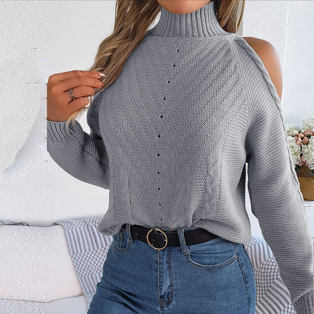 Women's Fashion Casual Strapless High Neck Hollow Long Sleeve Knitted Sweater