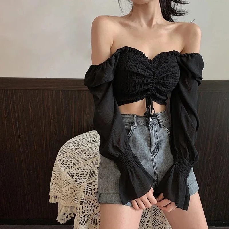 Summer Chiffon Blouse Sexy Off shoulder Top Lace up Cropped Ruffles Puff sleeve Tube Tops White Shirt Solid color 2021 Fashion