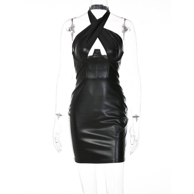 Promsstyle Leather cross halter sexy mini dress