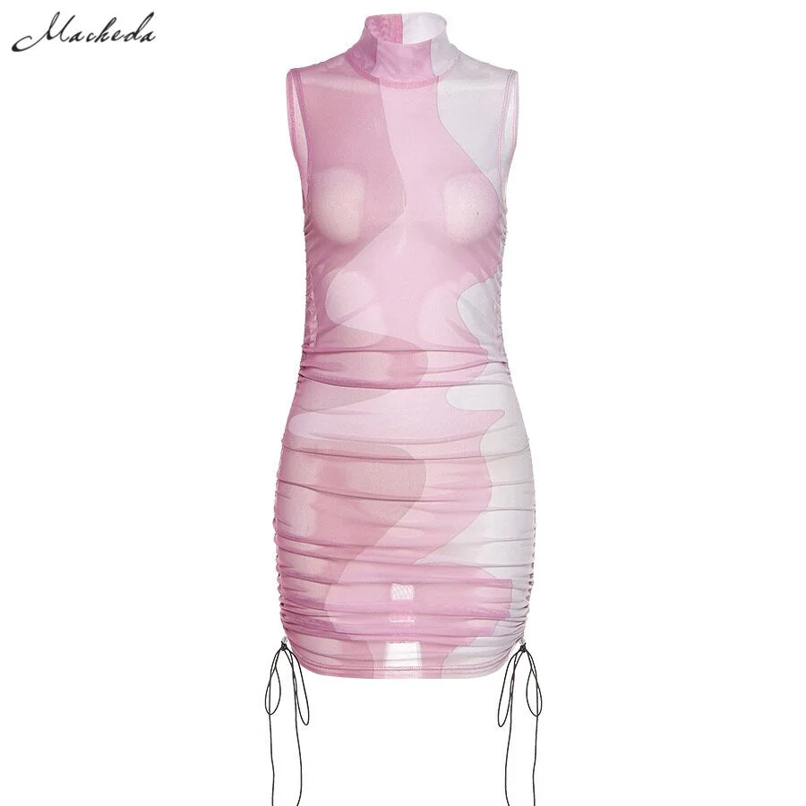 Macheda Spring Sexy Mesh See Through Slim Dress Women Fashion Printing Turtleneck Sleeveless Clothing Lady Bodycon Mini Dresses