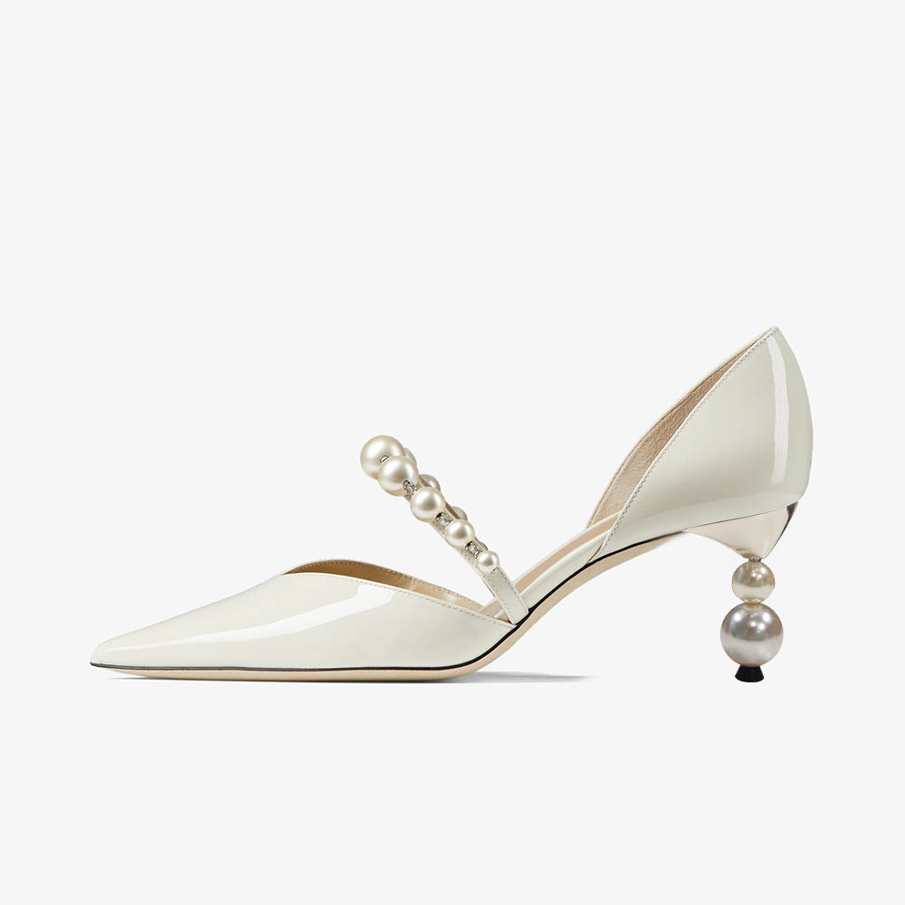 Ivory Patent Leather Pointed Toe Decorative Heel Pearl Bridal Pumps Nicepairs