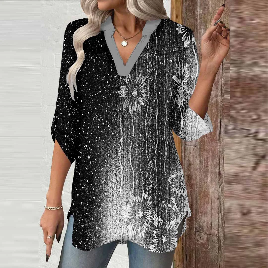 Women Floral Stripes,Black,White DZGA0770 3/4 Sleeve V-neck Printed Graphic Button Tops