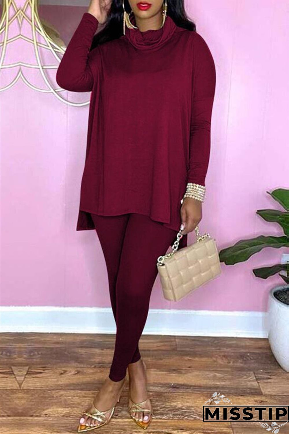 Black Fashion Casual Solid Basic Turtleneck Long Sleeve Two Pieces