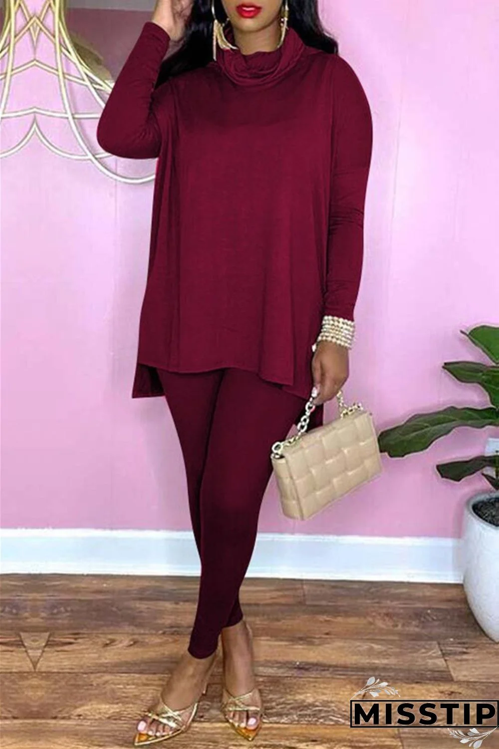 Burgundy Fashion Casual Solid Basic Turtleneck Long Sleeve Two Pieces