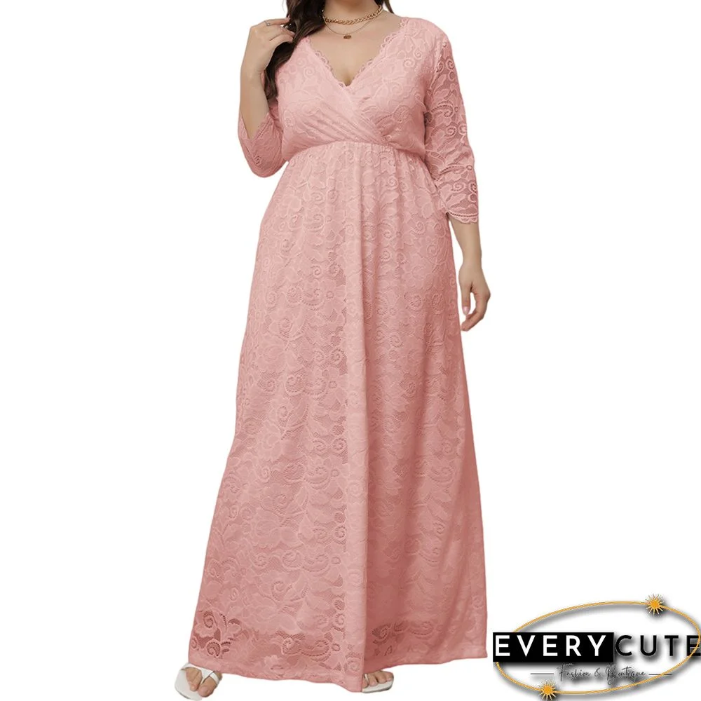 Pink V-Neck Lace Plus Size Dress
