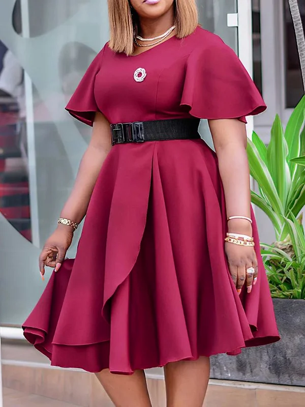 Irregular Clipping Plus Size Belted Solid Color Round-Neck Midi Dresses
