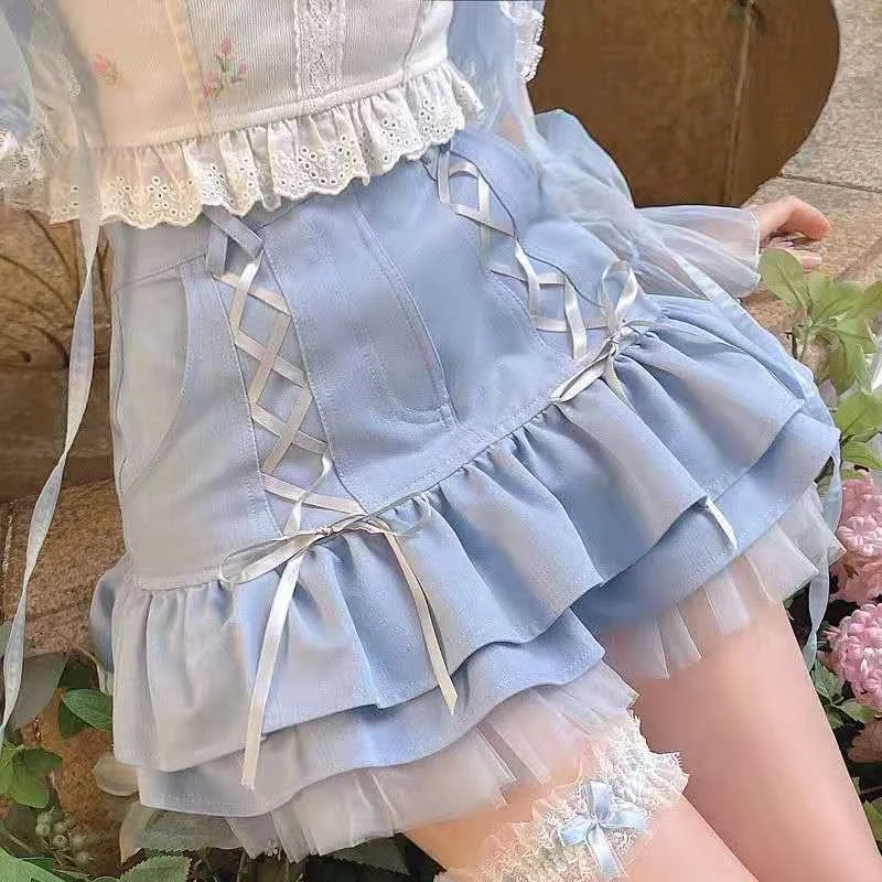 uforever21 High Waist Lace Bandage Y2k Sweet Skirt 2023 Summer Casual Designer Elegant Lolita  Skirt Japanese Kawaii Mini Skirt Women