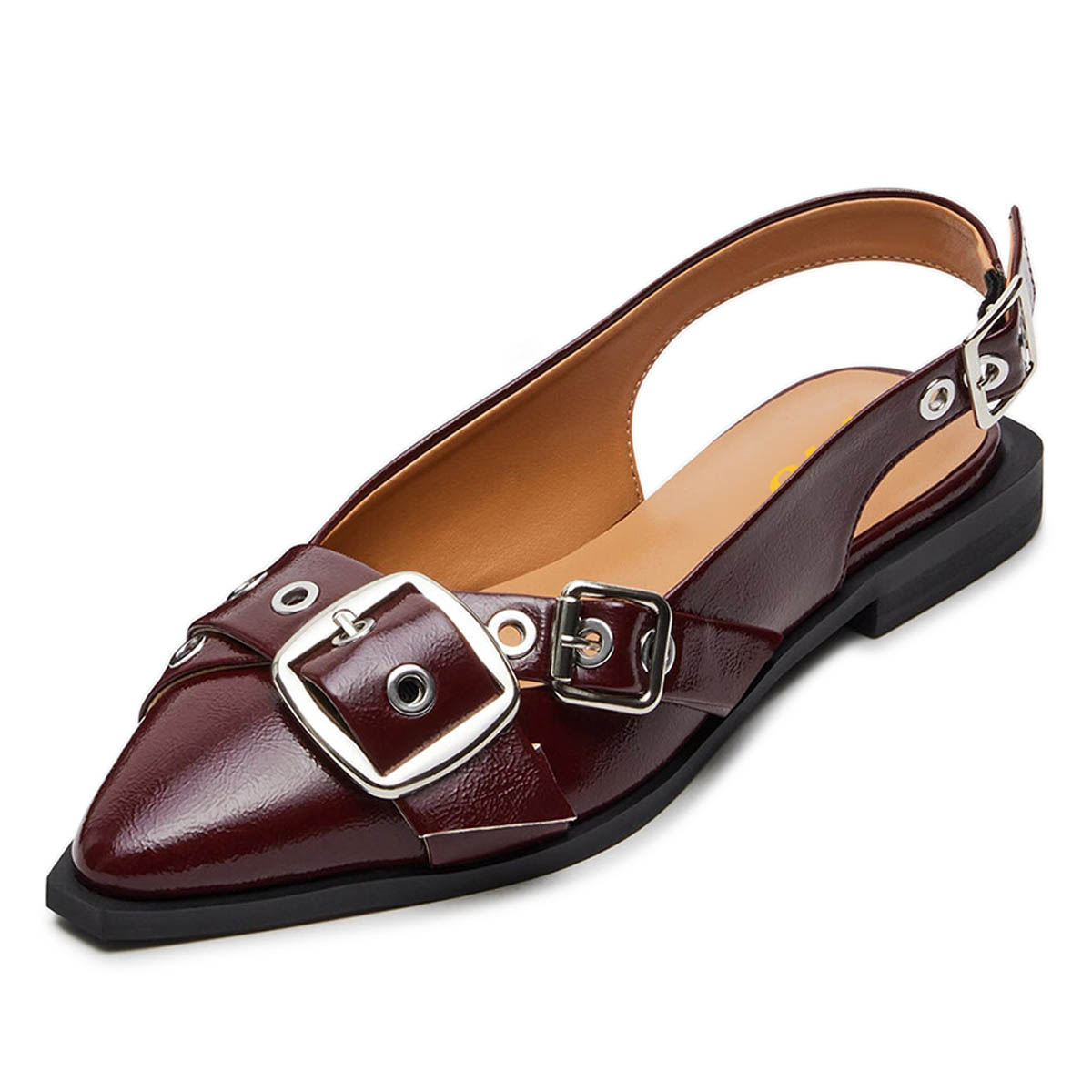 Burgundy Closed Toe Buckle Flat Slingback Shoes for Women Nicepairs