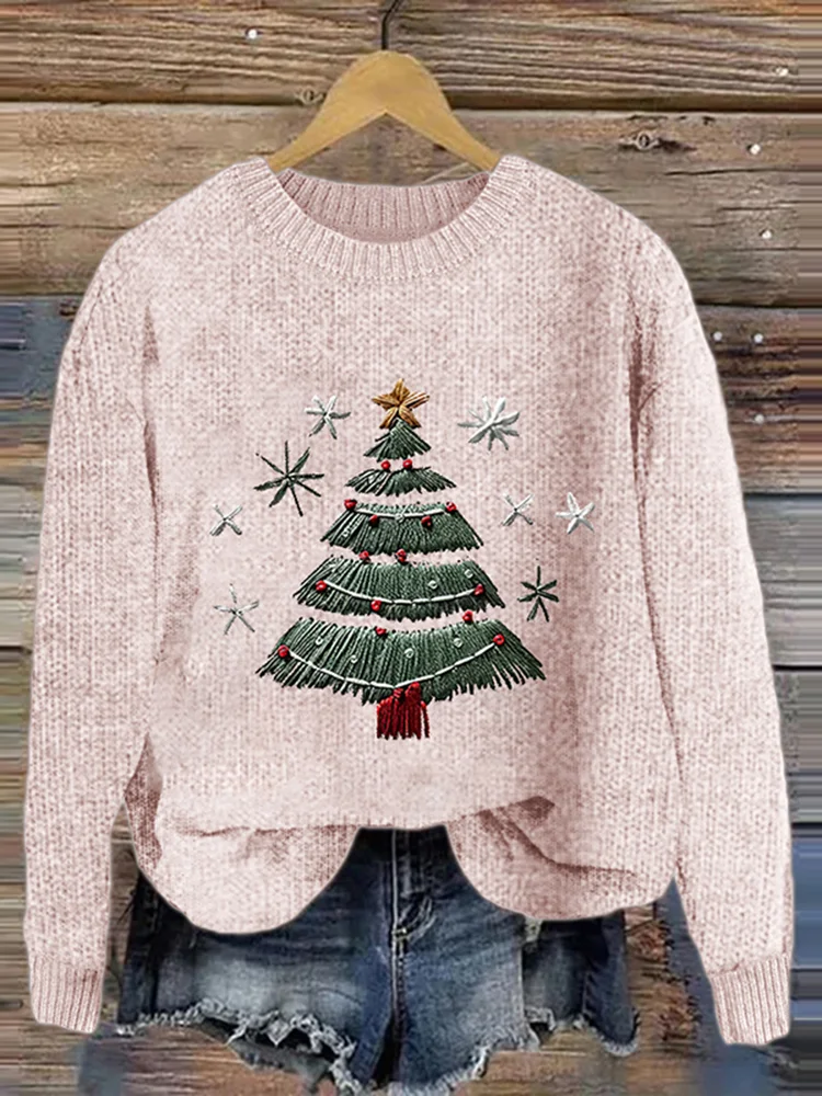 Pink Christmas Tree Embroidery Cozy Sweater