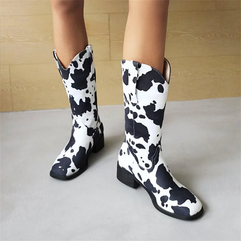 Vstacam Black Friday Women Fashion Boots Simple Cow Pattern PU Thick Heel Square Head Retro Personality Street Outdoor Comfortable Daily Women Shoes
