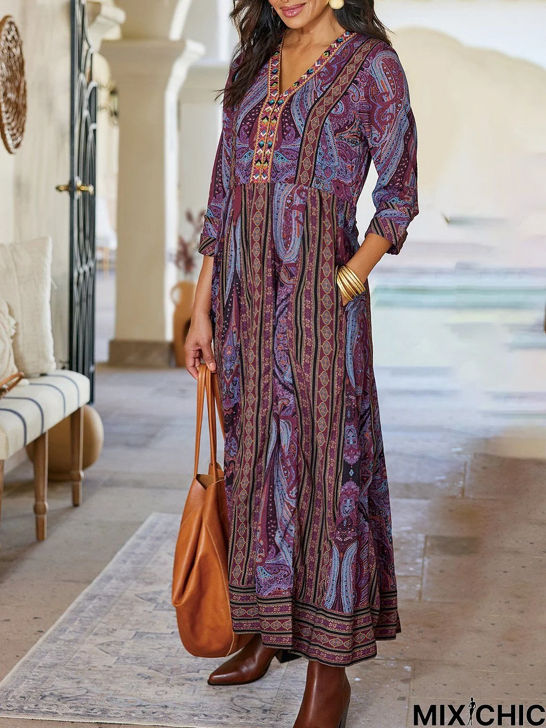 Loose Ethnic V Neck Casual Dress