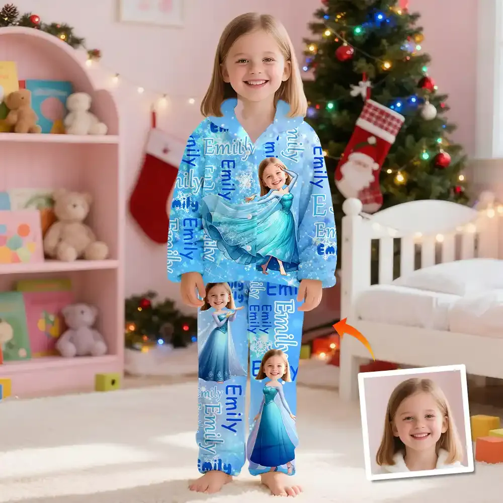 Custom Kid's Flannel Pajamas Blue Ice Queen Winter Gift for Girl