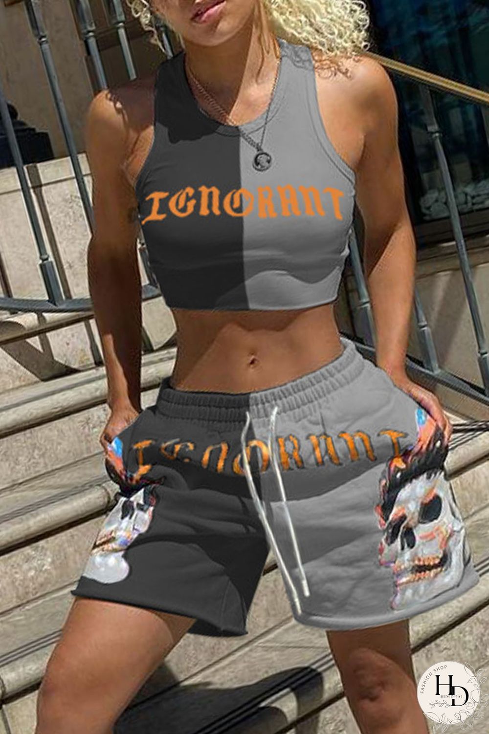 Rose Red Blue Sexy Casual Letter Print Contrast O Neck Sleeveless Two Pieces