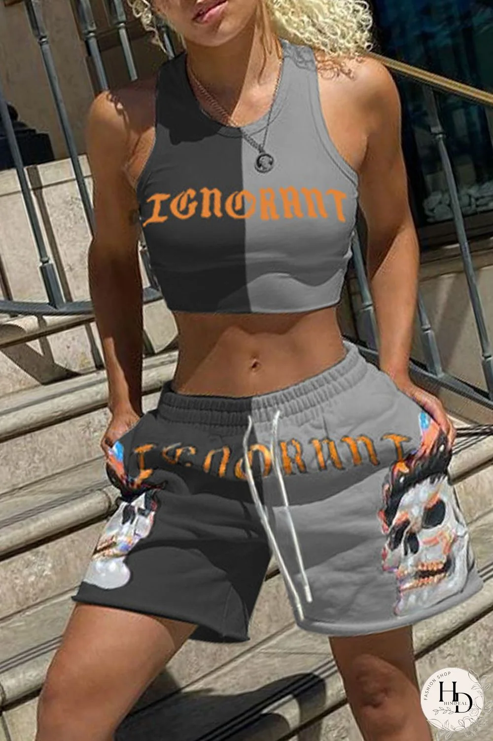 Rose Red Blue Sexy Casual Letter Print Contrast O Neck Sleeveless Two Pieces