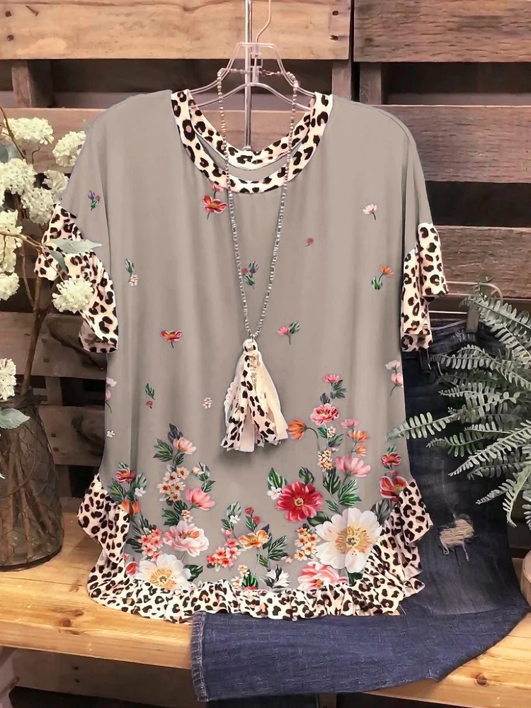 Printed Panels With Leopard-print Crewneck Short Sleeve Loose Plus-size T-shirt