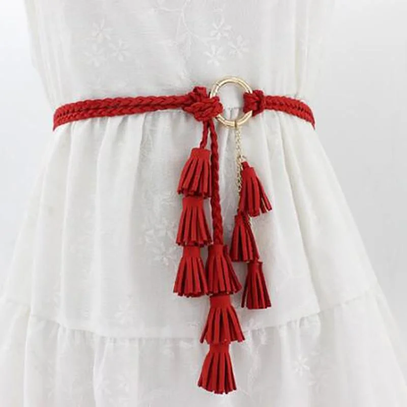 Fashion Women Solid Color Braided Tassel Belt  New Boho Girls Thin Waist Rope Knit Belts For Dress Waistbands Accessories