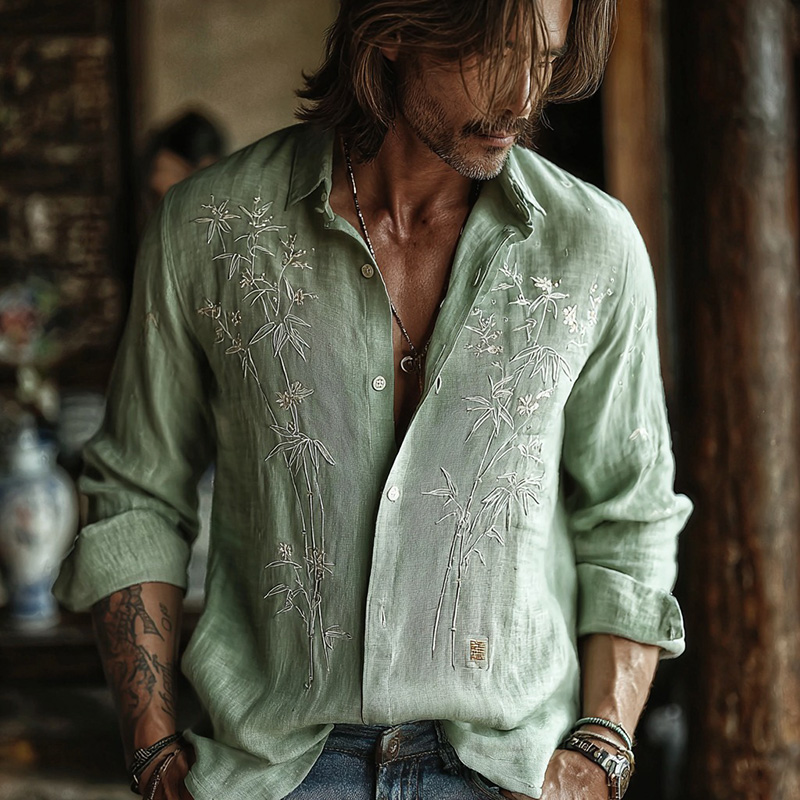 Men's Retro Bamboo Art Linen Long Sleeves Shirt  artssus