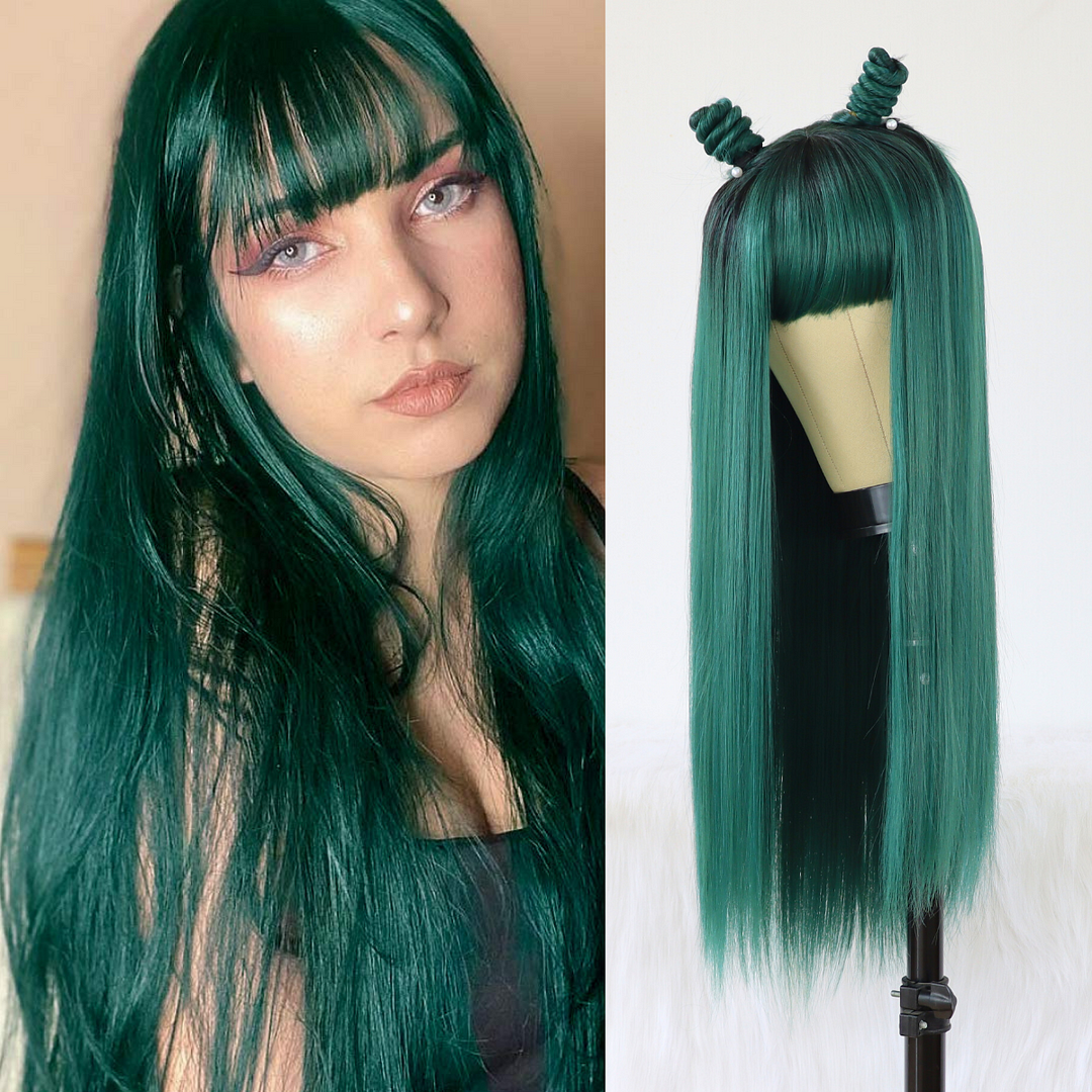Jewtribute Hair®|Green Wigs With Bangs Straight Wig For Women