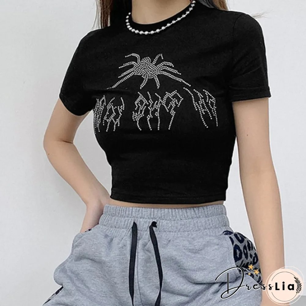 New Summer Embroidered Bead Pattern Tops Women's T Shirt Navel Dress With Women's Y2k Tops