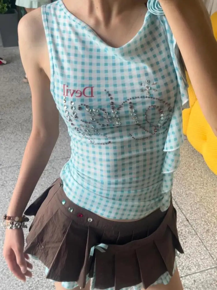 Aiertu Blue Plaid Tank Tops Female Sleeveless Tshirts Women Mesh Tops Summer 2024 Y2k See Through Tanks 2000s Japanese Aiertu