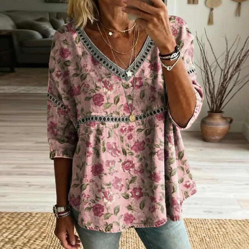 Comstylish Women's Retro Floral Art Print Casual Cotton Linen T-shirt