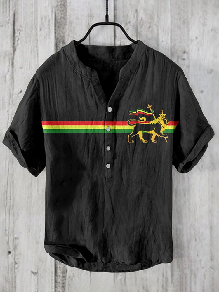 Men'S Stripe Reggae Lion Print Art  Linen Blend Shirt