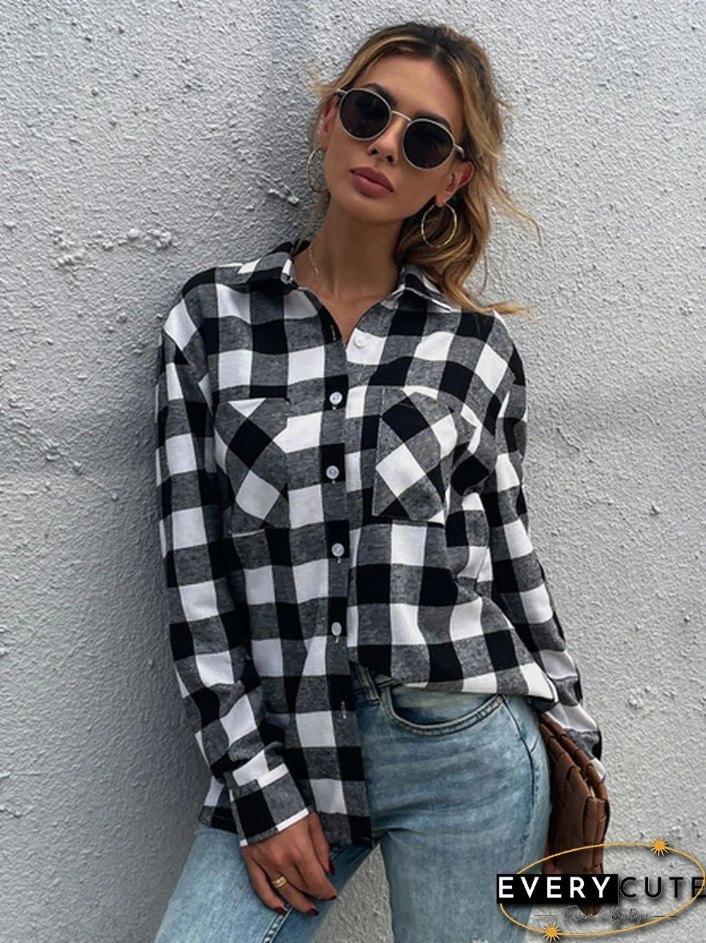 Plaid Drop Cardigan Lapel Long Sleeve Casual Top Shirt Blouse