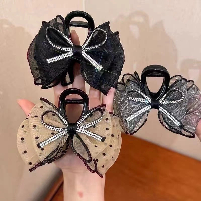 Shiny Bow Polka Dot Grip Mesh Bubble Barrettes Female 2024 New Shark Clip Back Head Updo Hair Accessories