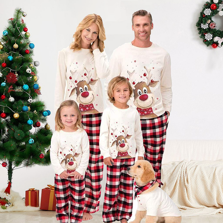 Merry Christmas Reindeer Matching Family Pajamas - Red/White Plaid Pan –  Cotton Sisters