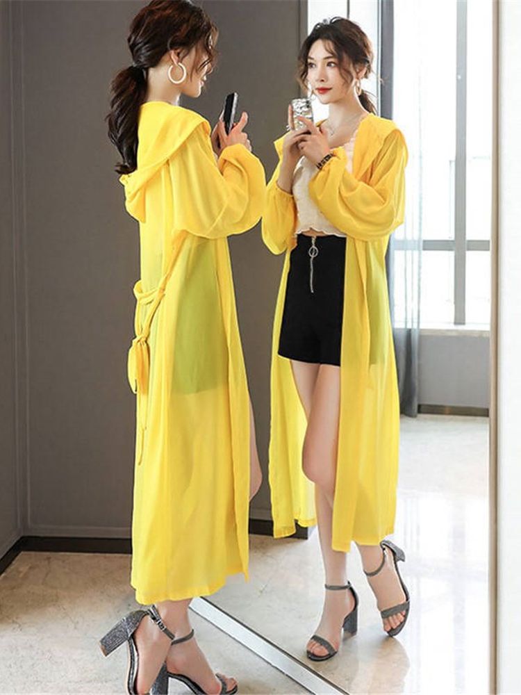 Ballifyex 2025 Fashion Women Blouse Summer Puff Sleeve Simple Loose Chiffon Shirt Cardigan Hooded Long Kimono Ladies Tops Sun-protective