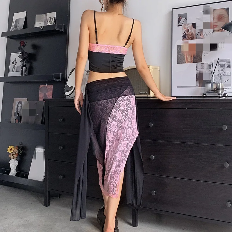 Brownm Brownm 2023 New Women's Sexy Lace Color Strap Top With Waist Skirt Suit Woman