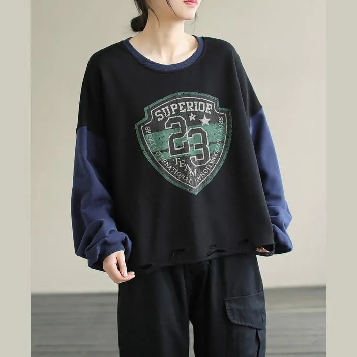 Women Patchwork cotton SpringTunics for women Fabrics Black alphabet Prints top