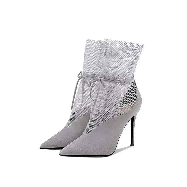 Grey Vegan Suede & Net Patchwork Lace-Up Heeled Ankle Boots |FSJ Shoes