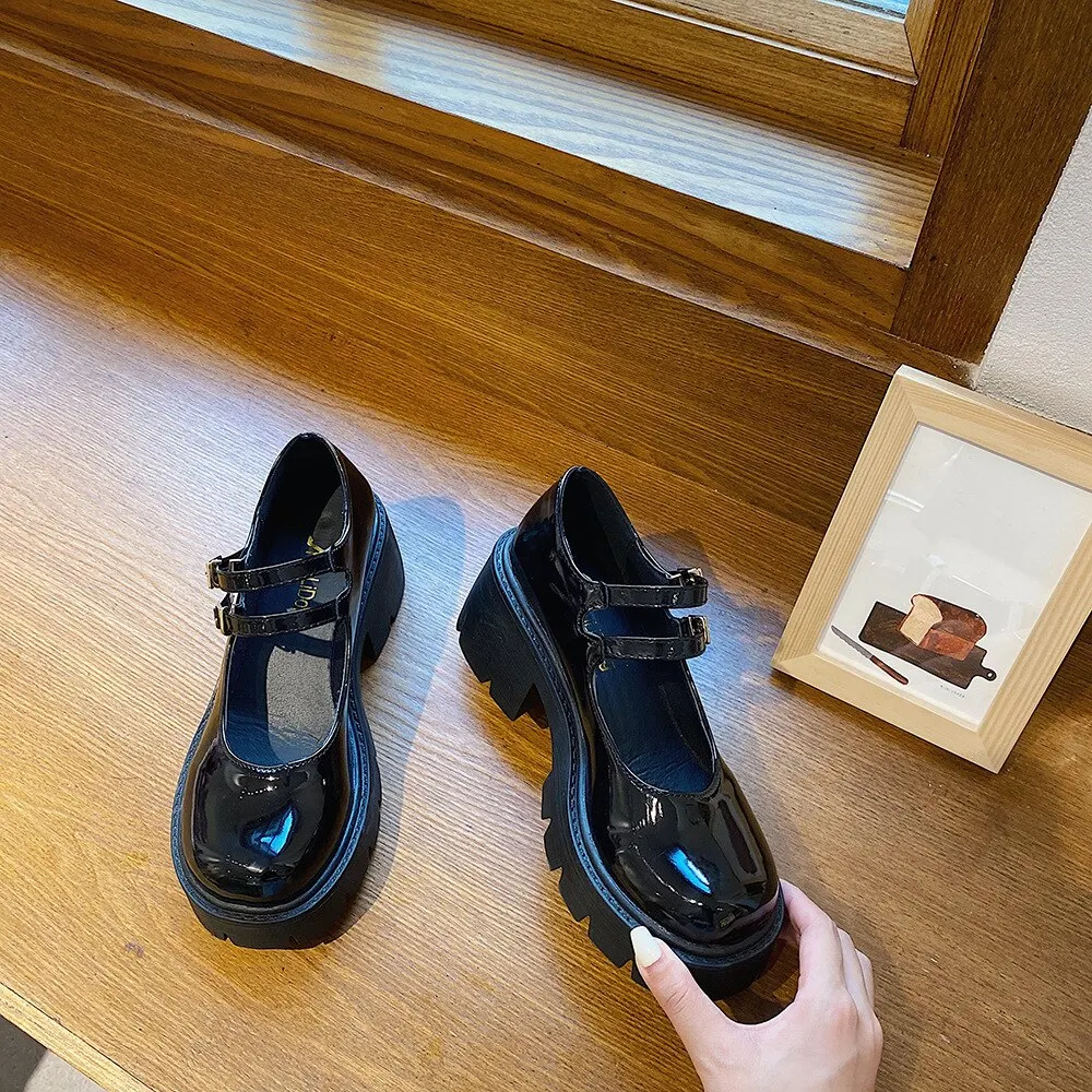 2021 Leather Sweet Women Platform Mary Jane Shoes Solid Color Casual Females Pumps Wedges Buckle Chunky Shoes for Ladies