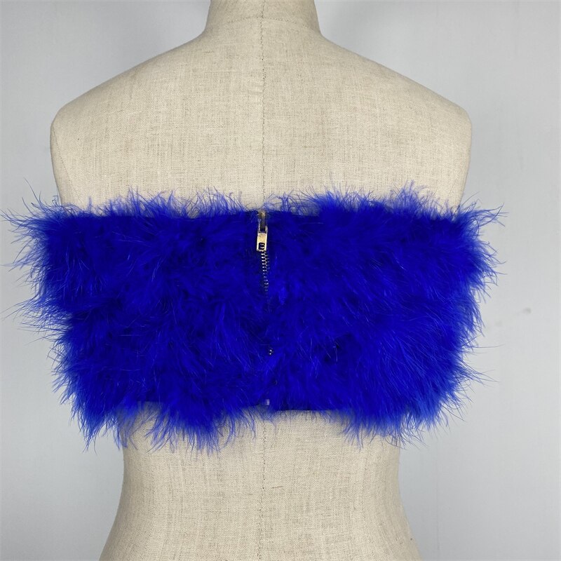 Ootddress Fur Feather Strapless Tube Tops For Women Party Fashion Bustier Cute Top Y2k Club 2025 New Sexy Mini Fluffy Corset Top