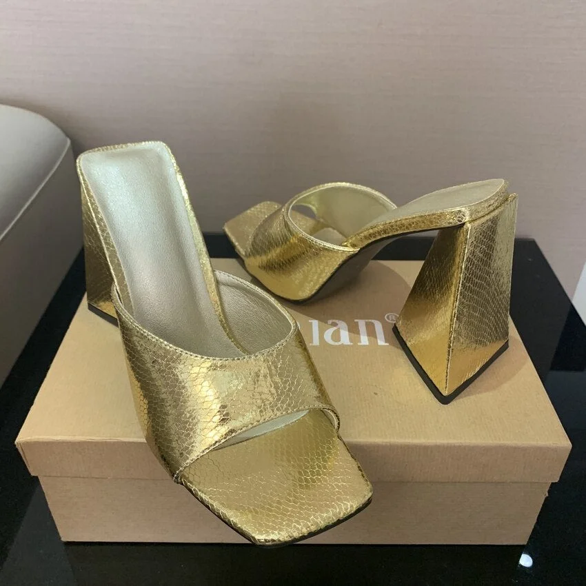 2022 Summer sandals women triangle thick mules high heels slippers sandals flip flops square toe slides party shoes woman