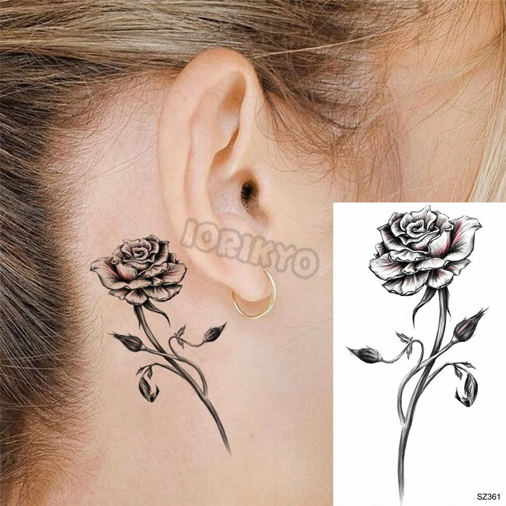 Black Rose Flower Temporary Tattoos For Women Girls Realistic Cosmic Moon Thorns Fake Tattoo Sticker Forearm Tatoos Legs Wedding