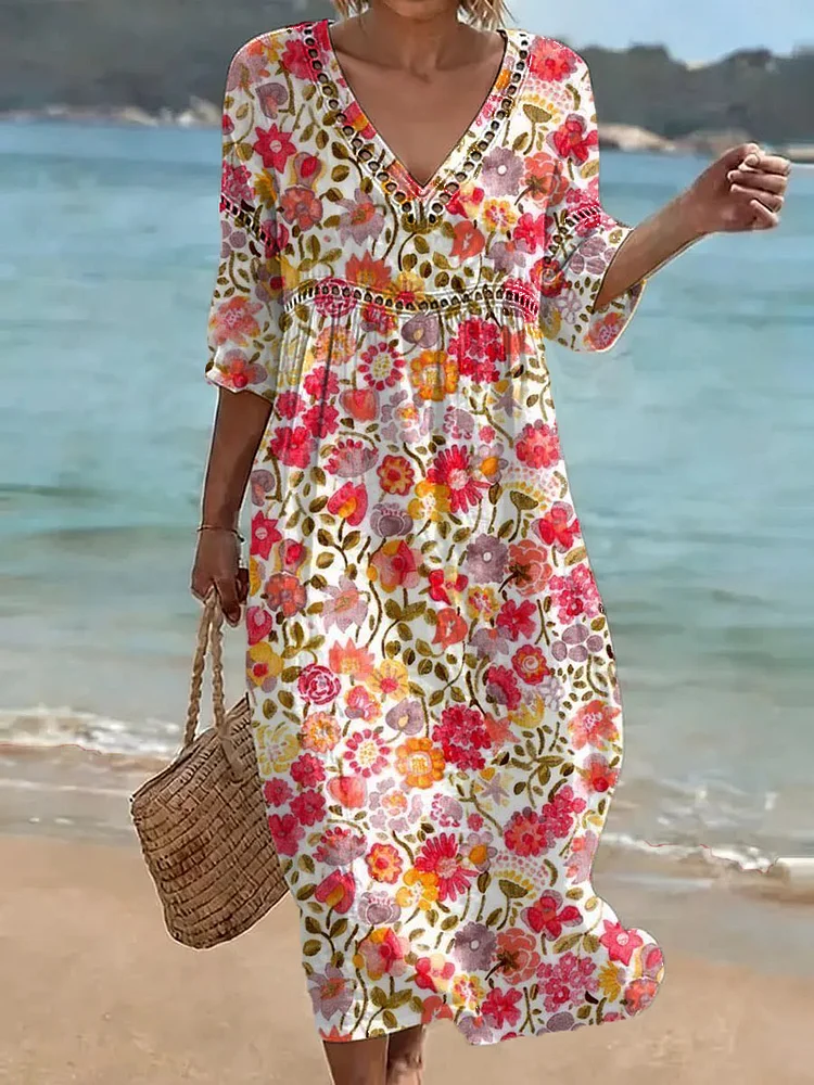 Women's Casual Dress With Lace And Floral Print