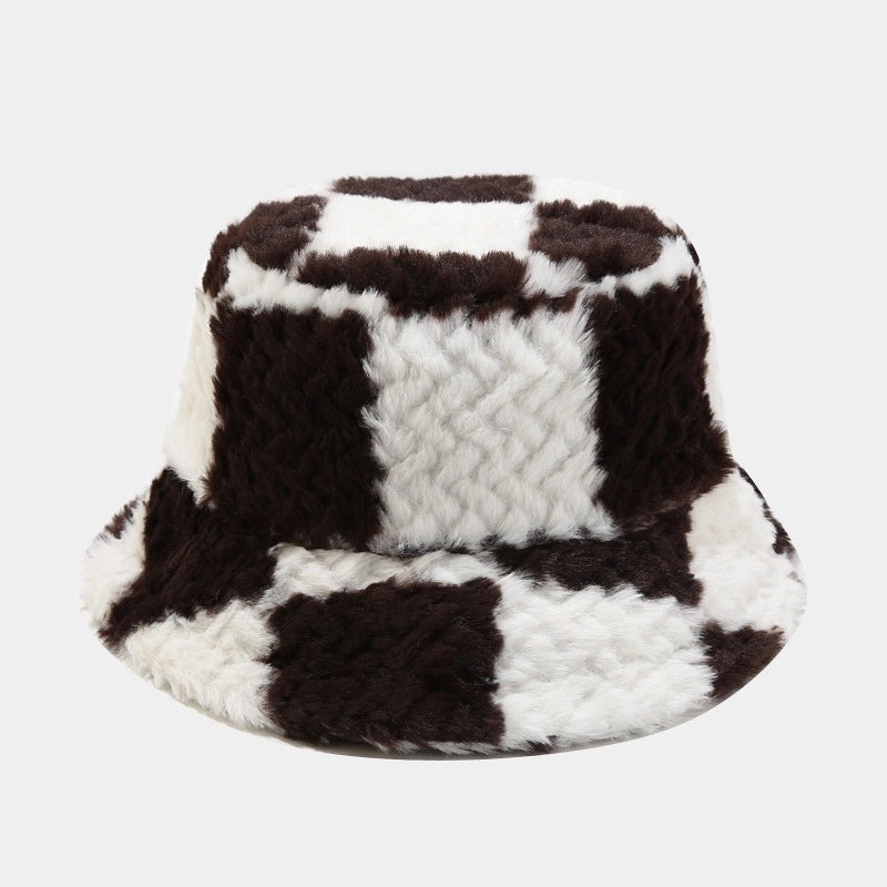 Autumn And Winter New Arrival Large Plaid Patchwork Fisherman’s Hat Fashionable Thickened Warm Plush Pot Hat Women’s Outdoor Sun Hat