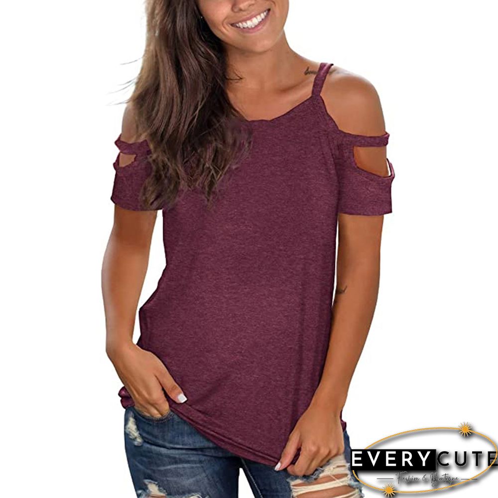 Purple Red Cotton Blend Cold Shoulder Tees