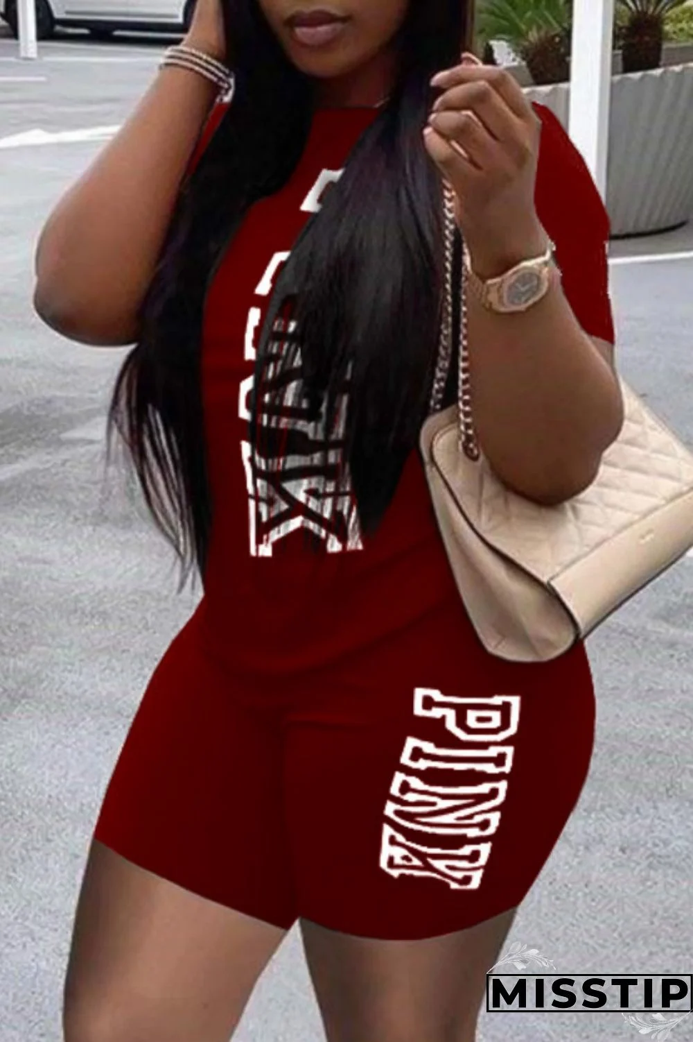 Burgundy Casual Letter Print Basic O Neck Short Sleeve Two Pieces