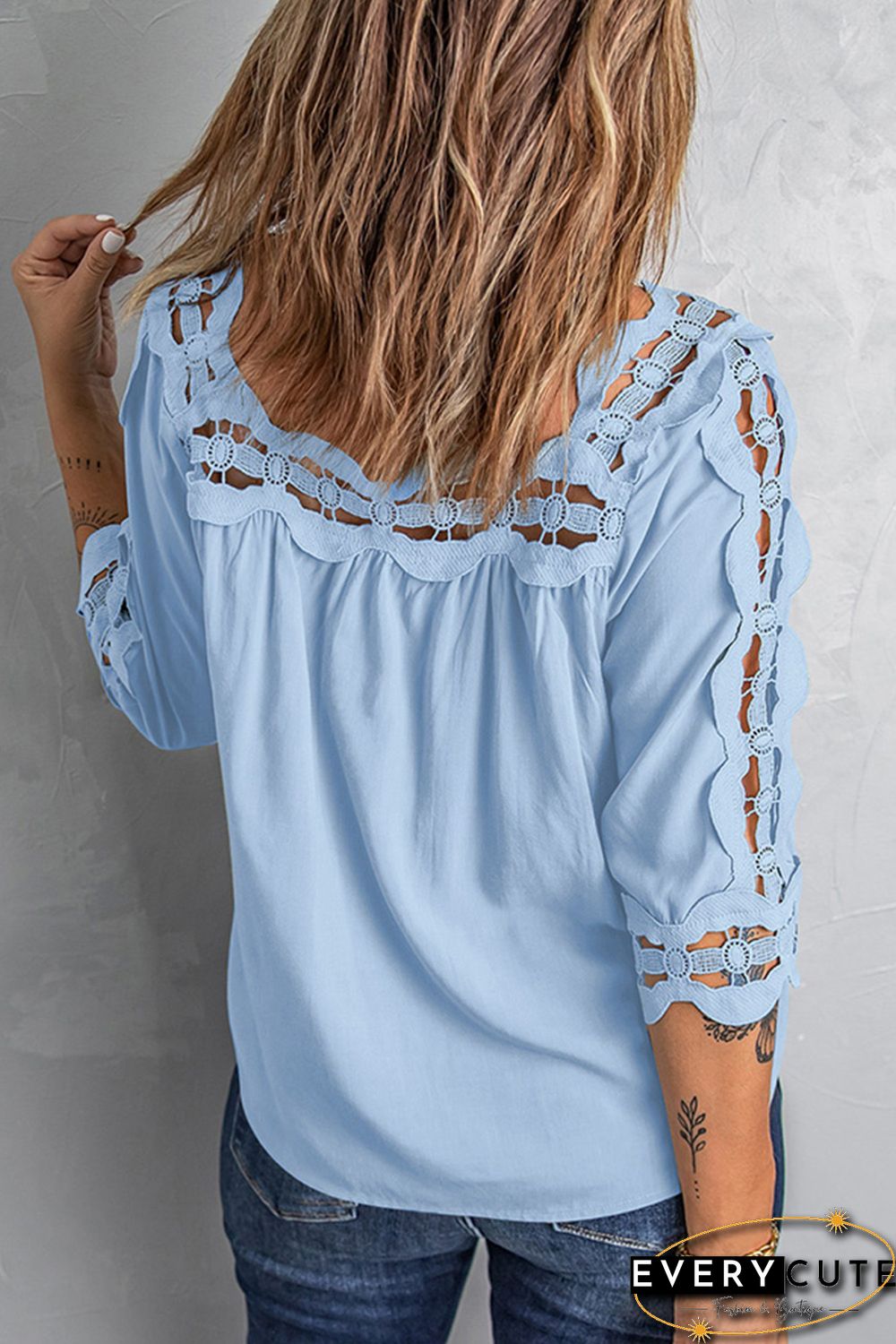 Sky Blue Crochet Trim Hollow-out Blouse