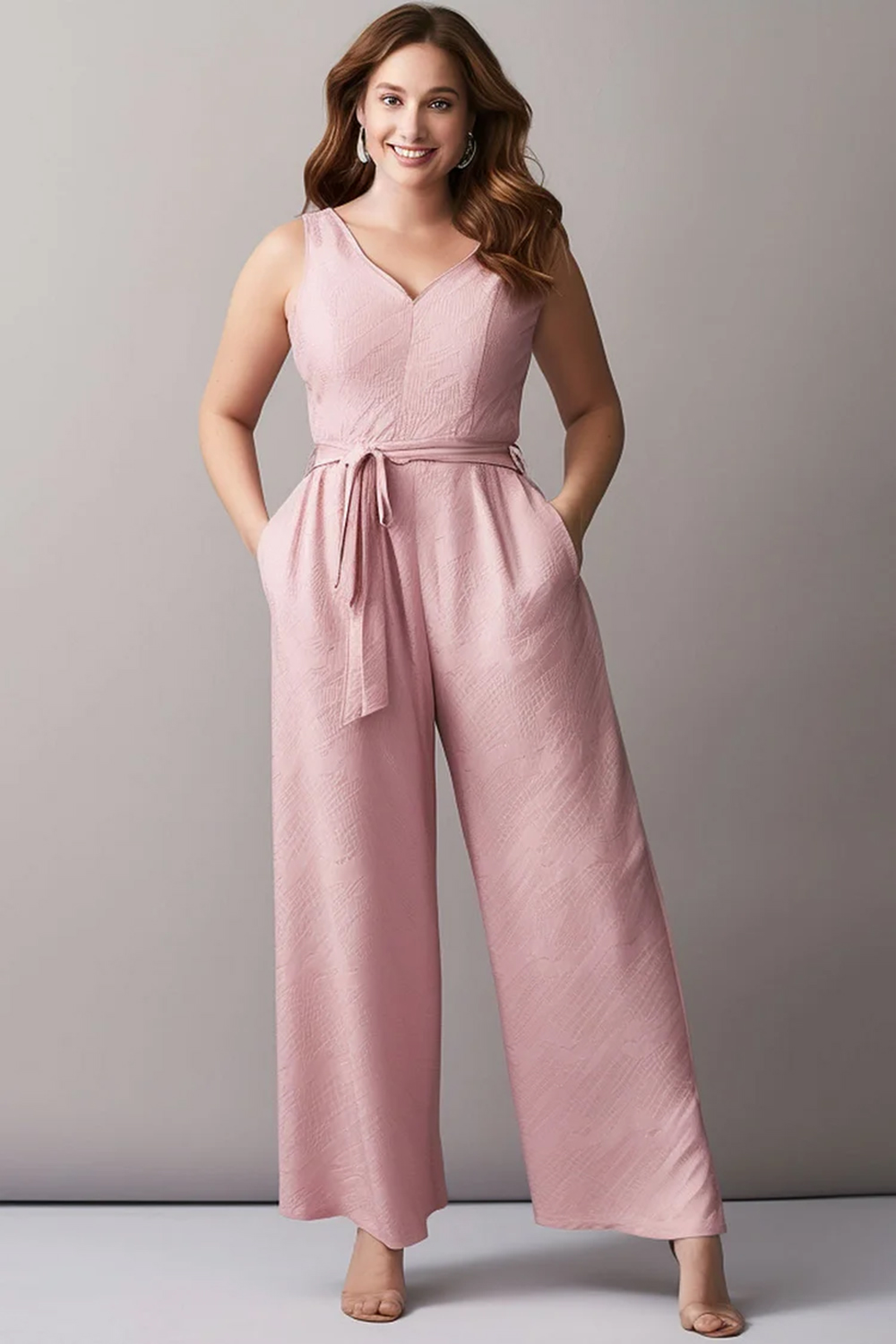 Flycurvy Plus Size Pink Everyday Pocket Vest With Belt Linen Jumpsuit