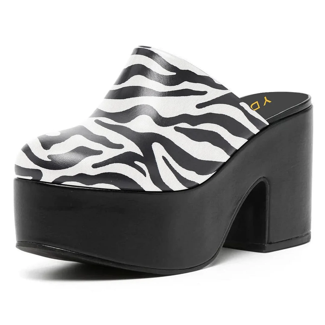 Black & White Block Heel Zebra Print Platform Women's Mules Shoes