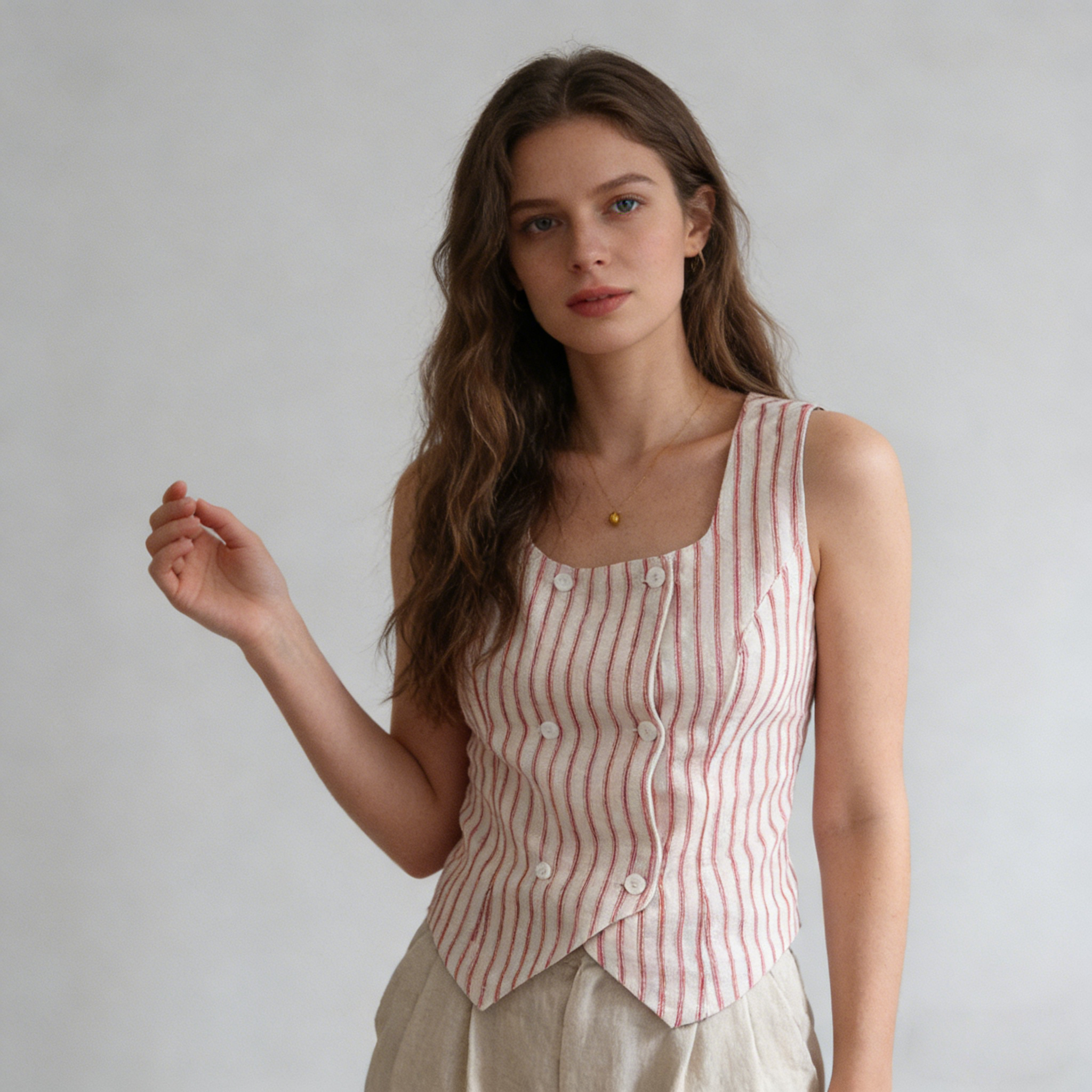 Linen Waistcoat Women 100% Linen Striped Double Breasted Tailored Vest REAL SILK LIFE