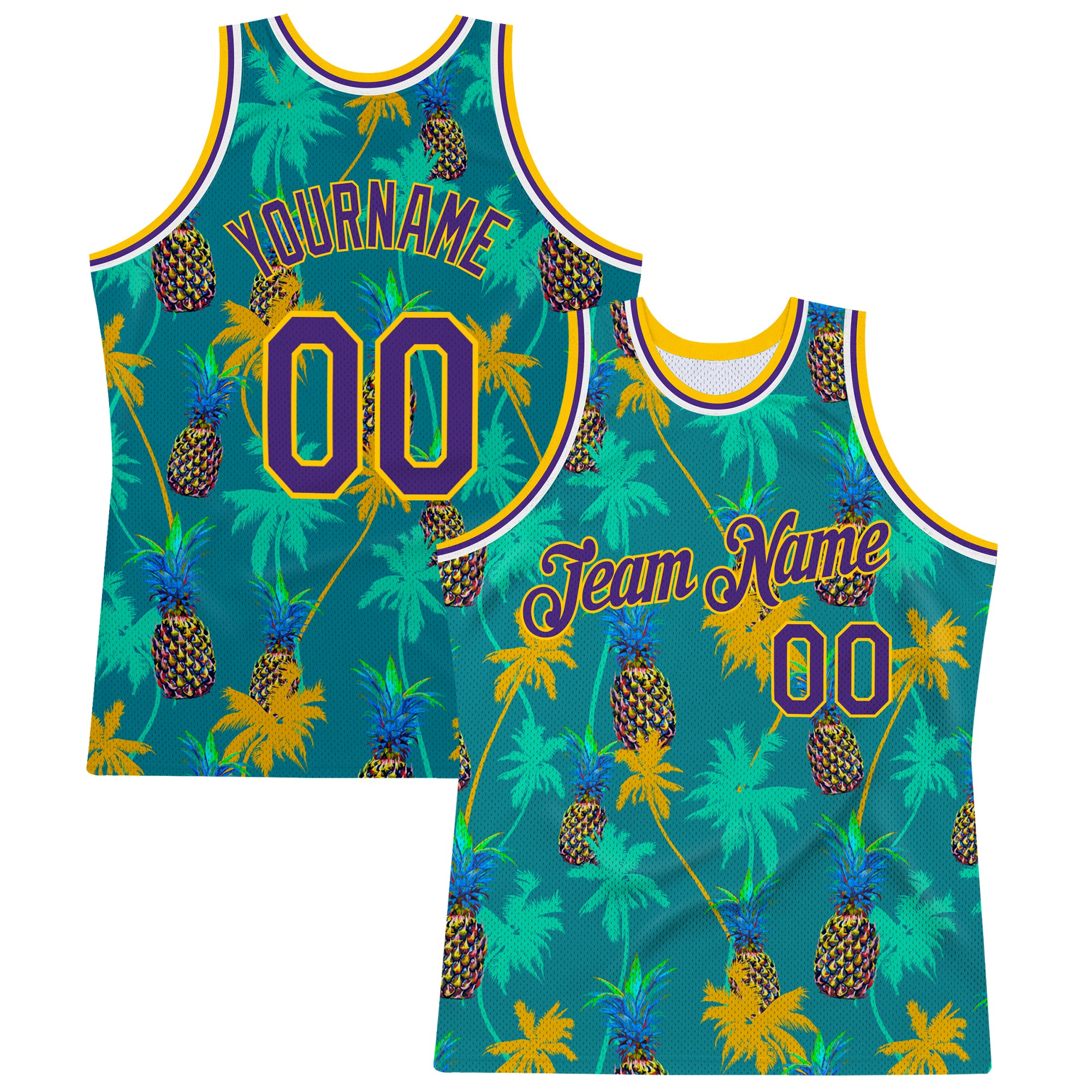 Custom Kelly Green Purple-Gold 3D Pattern Hawaii Palm Trees Pineapples Authentic Basketball Jersey | captainssportss.com