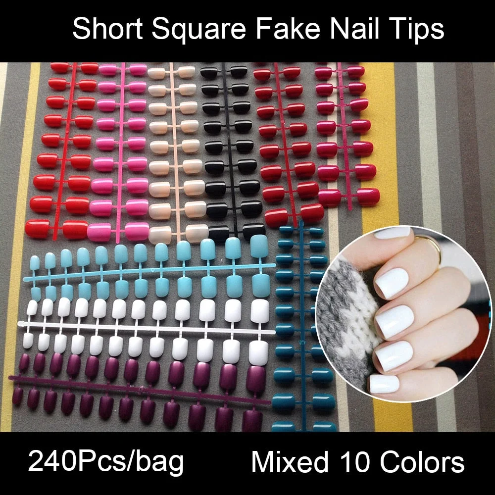 10 Sets Of Mixed Colors Square False Nail Tips 24 Pieces/Set 10 Sizes Press On Fake Nails DIY Manicure Square Shape